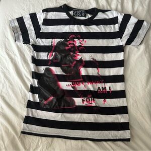 Black and White Striped Short Sleeve Tee with Silkscreened Graphic